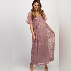 PinkBlush Mauve Lace Mesh Overlay Maternity Maxi Dress